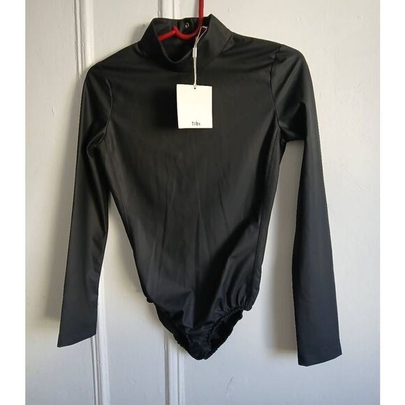 Tibi new york womens small vegan leather black hi neck bodysuit - Picture 2 of 8